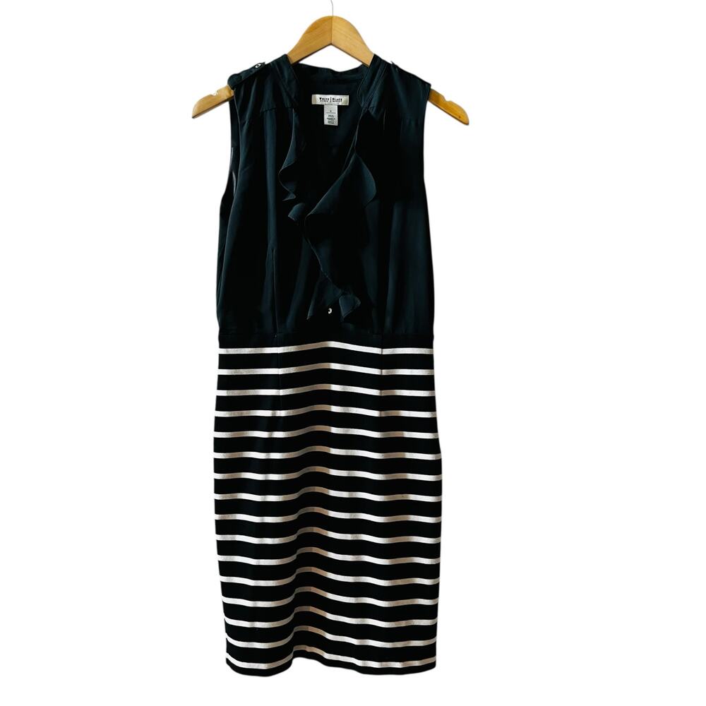 White House Black Market Black Cream Ruffle Top Striped Skirt Dress Size 6